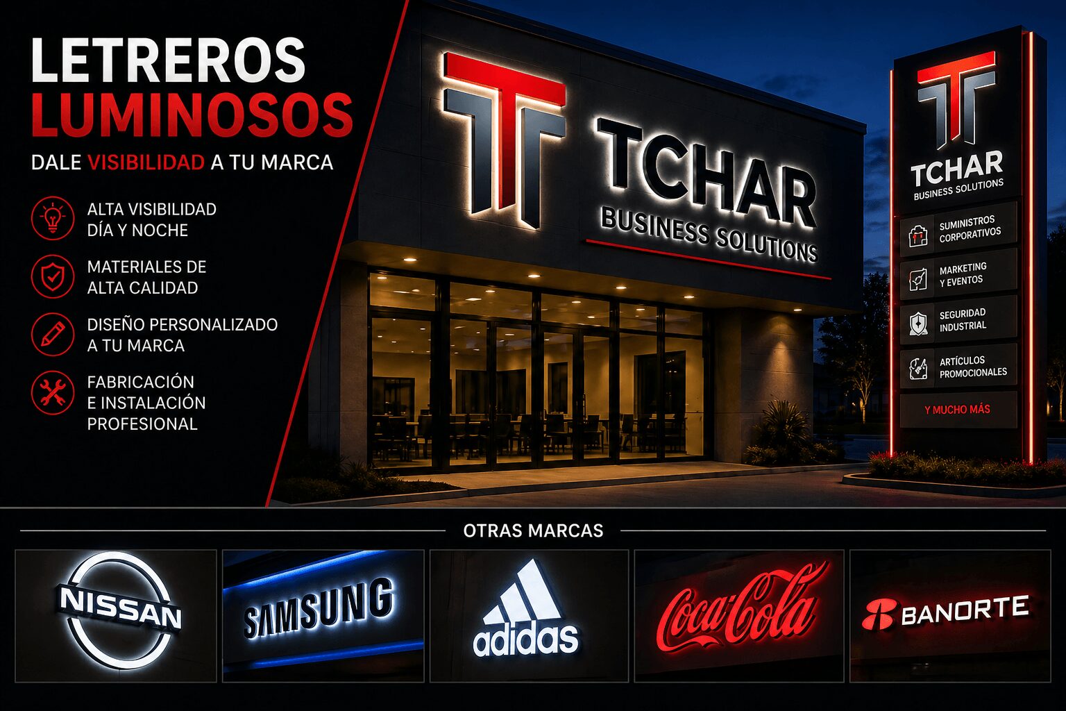 Letreros luminosos para empresas en México — soluciones de marketing corporativo TCHAR